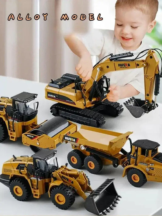 Child playing with 150 Scale Diecast Alloy Excavator and construction vehicle models on a table.